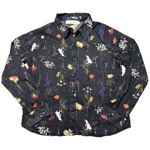 Lisa Says Gah Sheer Black Floral Cotton Long Sleeve Button Up Top, Small